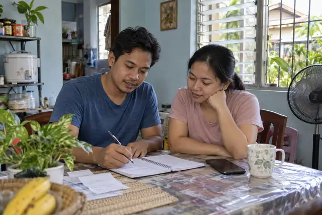 AI-generated scene of a Filipino couple reviewing their household budget in a simple Philippine home
