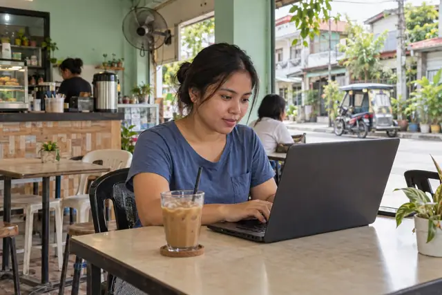 AI-generated scene of a Filipina working on a laptop in a modest neighborhood cafe in the Philippines
